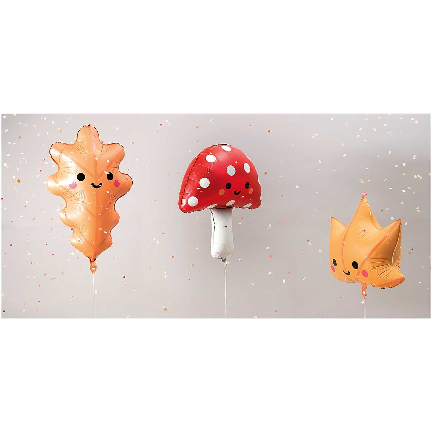 Folienballon Fliegenpilz, Ahorn- und Eichenblatt von Rico Design. Fröhliche Ballons in Pilz- und Blattformen, ideal für Dekorationen.