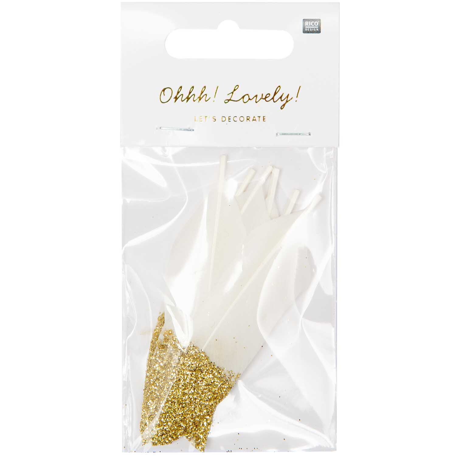 Federn ca. 8cm 6 Stück in Weiß-Gold, verpackt in einer transparenten Tüte, ideal für kreative Dekorationen.