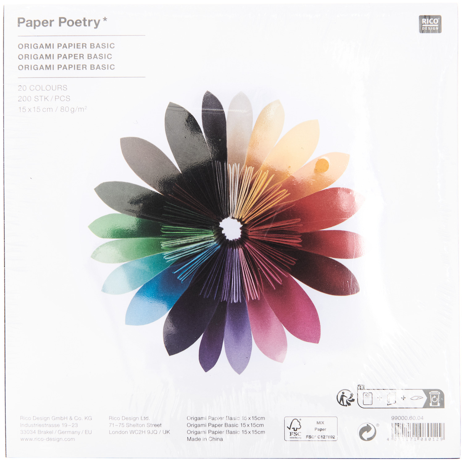 Paper Poetry Origami basic 15x15cm 200 Blatt 20 Farben von Rico Design