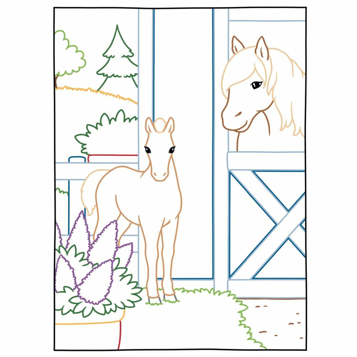 Zauberpapier - Das große Malbuch Pferde zeigt ein Fohlen und ein Pferd im Stall mit Pflanzen im Vordergrund.