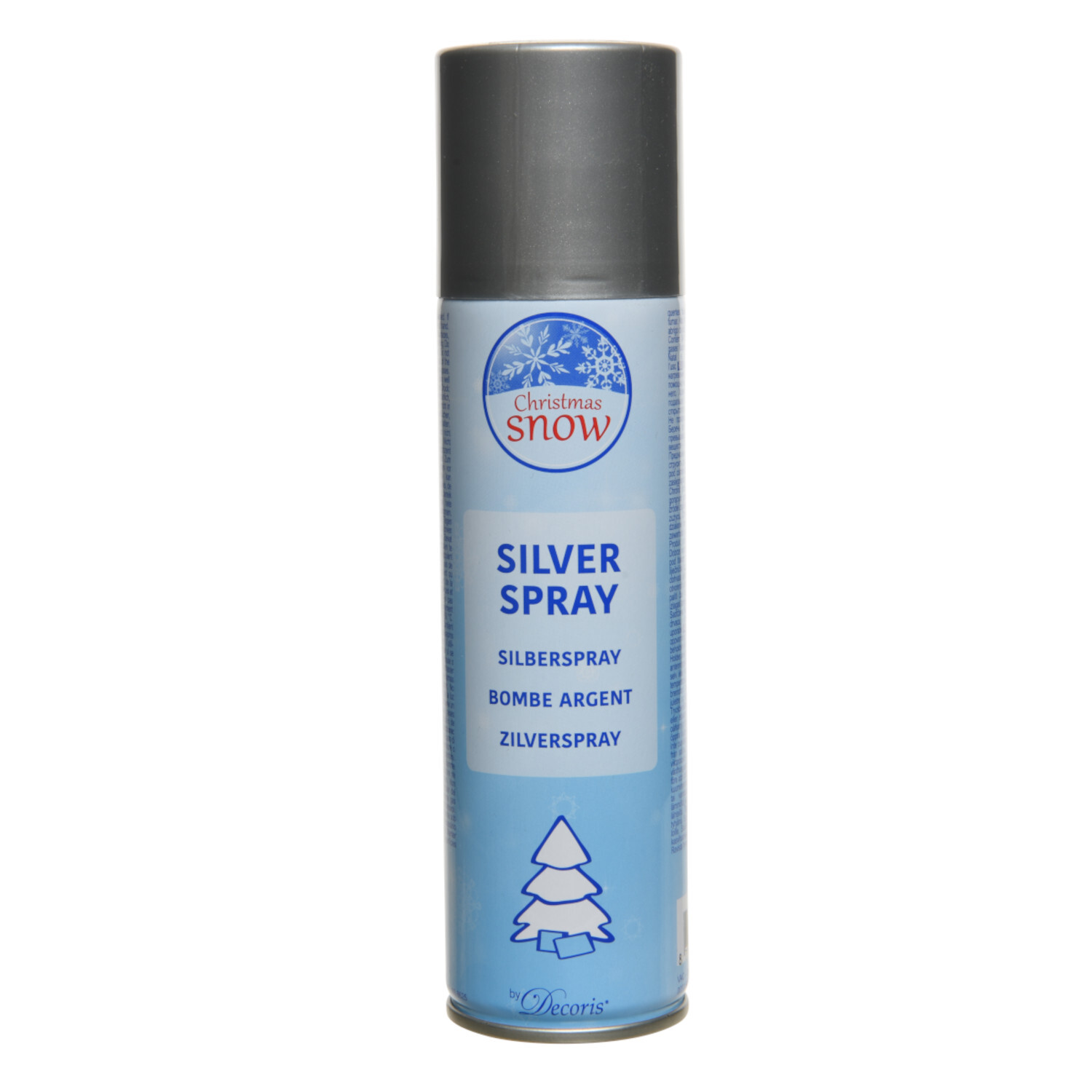 Silberspray, 150ml: Spraydose mit blauem Etikett und Weihnachtsbaum-Design, ideal für Dekorationen.