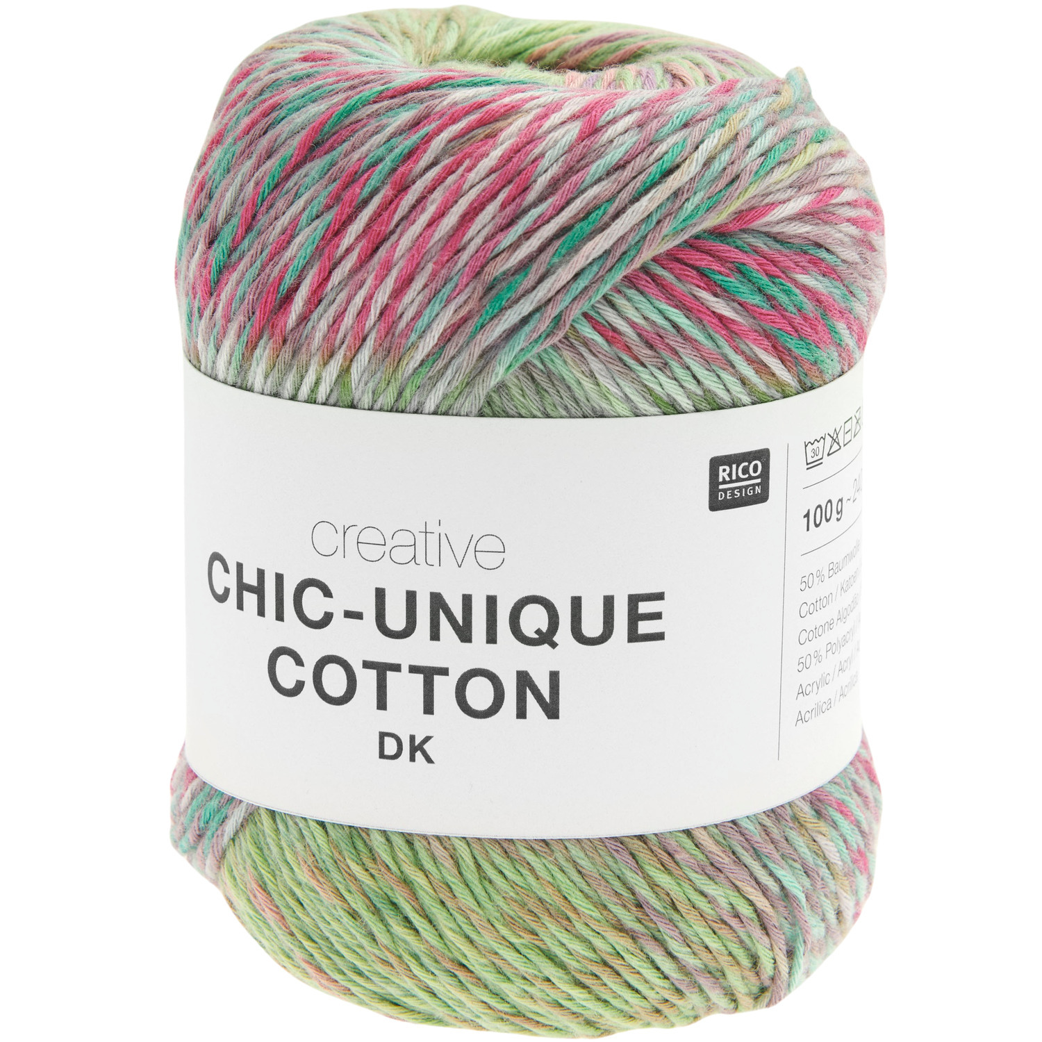 Creative Chic-Unique Cotton dk, bunte Wolle von Rico Design, 100g, 240m, ideal für Strickprojekte.