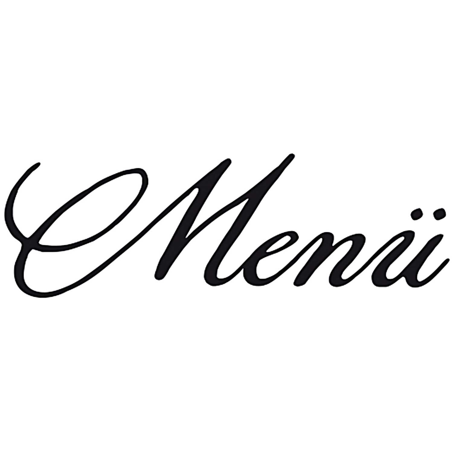 Stempel Menü 3 4,5x2cm von Rico Design zeigt das Wort "Menü" in eleganter schwarzer Schrift.