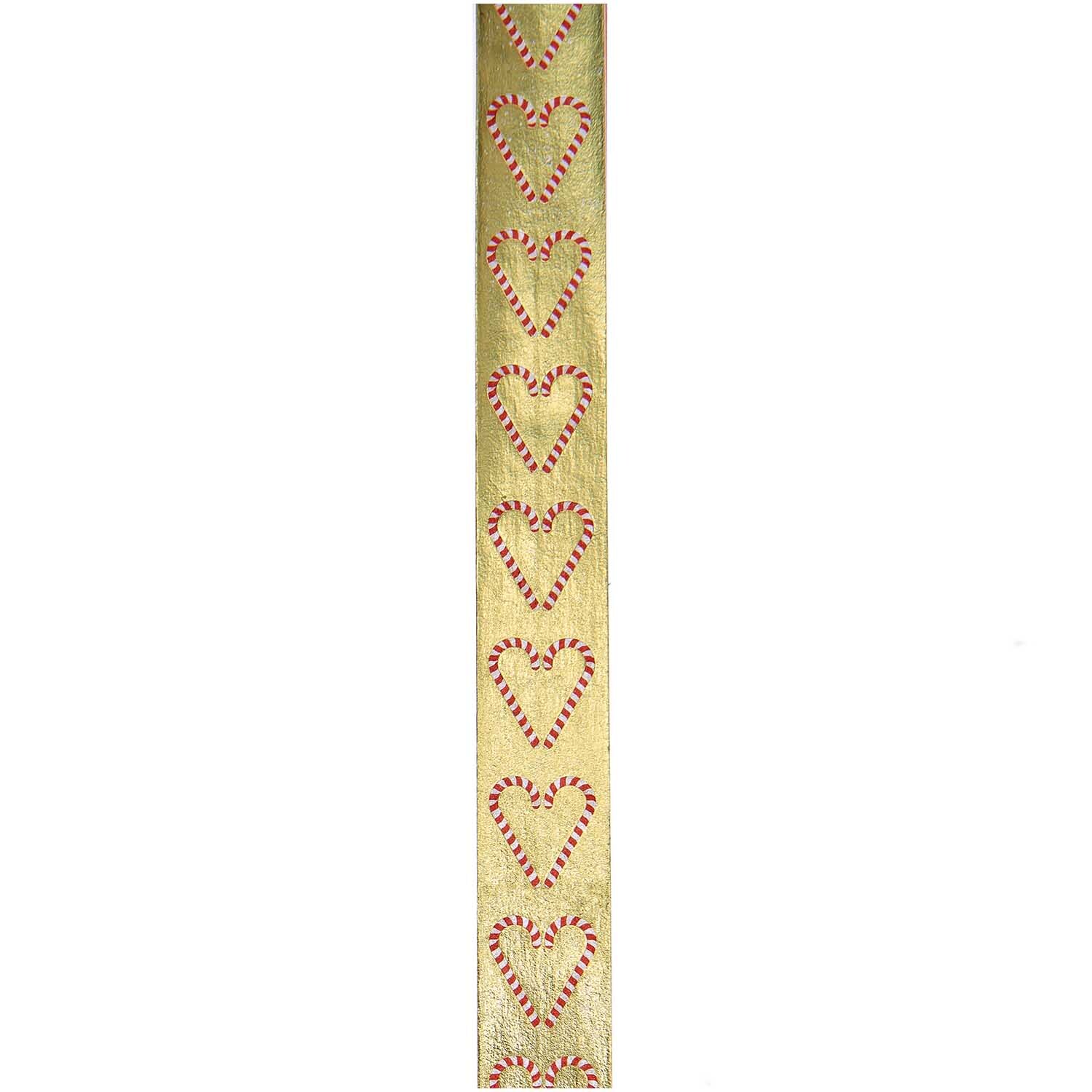 Paper Poetry Tape Candy Cane 1,5cm 10m mit Herzmotiven auf goldenem Hintergrund von Rico Design. Ideal für festliche Dekorationen.