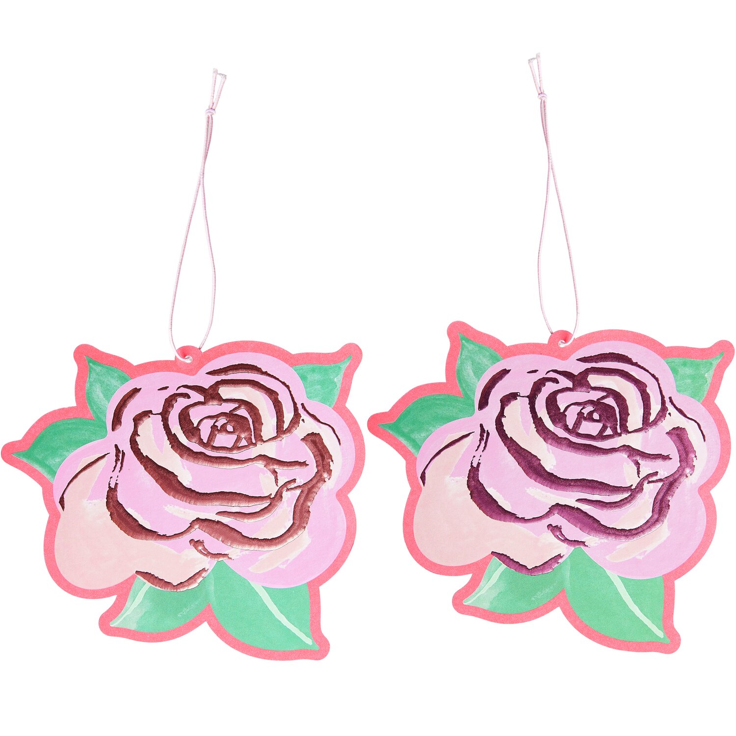 Paper Poetry Geschenkanhänger La Vie en Rose: Zwei rosafarbene Rosenanhänger von Rico Design mit grünen Blättern, ideal für Geschenke.
