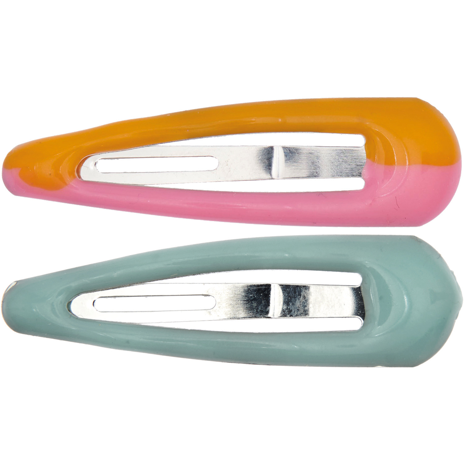 Haarspangen-Set, bestehend aus einer orange-pinken und einer mintfarbenen Spange, ideal für modische Akzente.