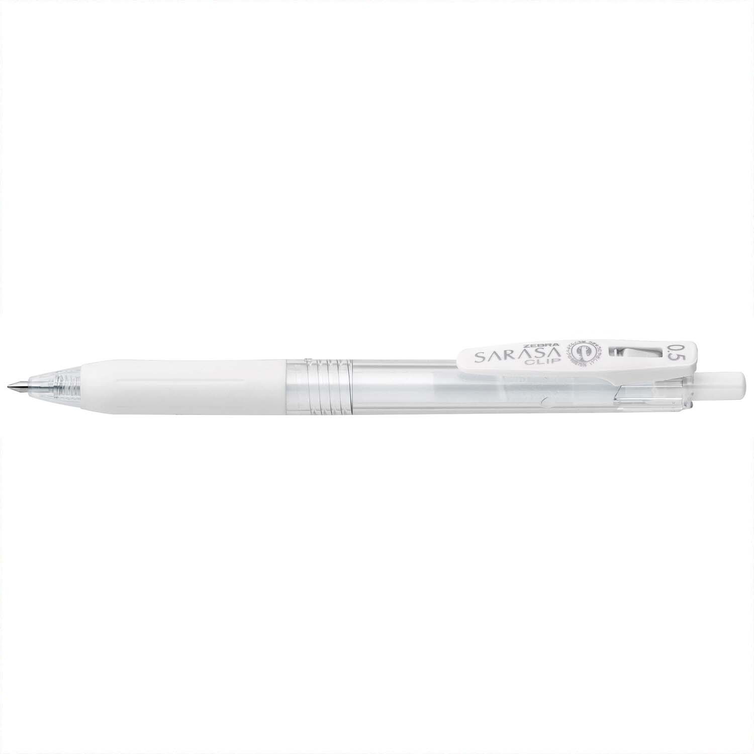 Sarasa Gel-Stift mit Clip 0,5mm in Milk Weiß von ZEBRA, zeigt einen eleganten, schlanken Stift mit transparentem Gehäuse.