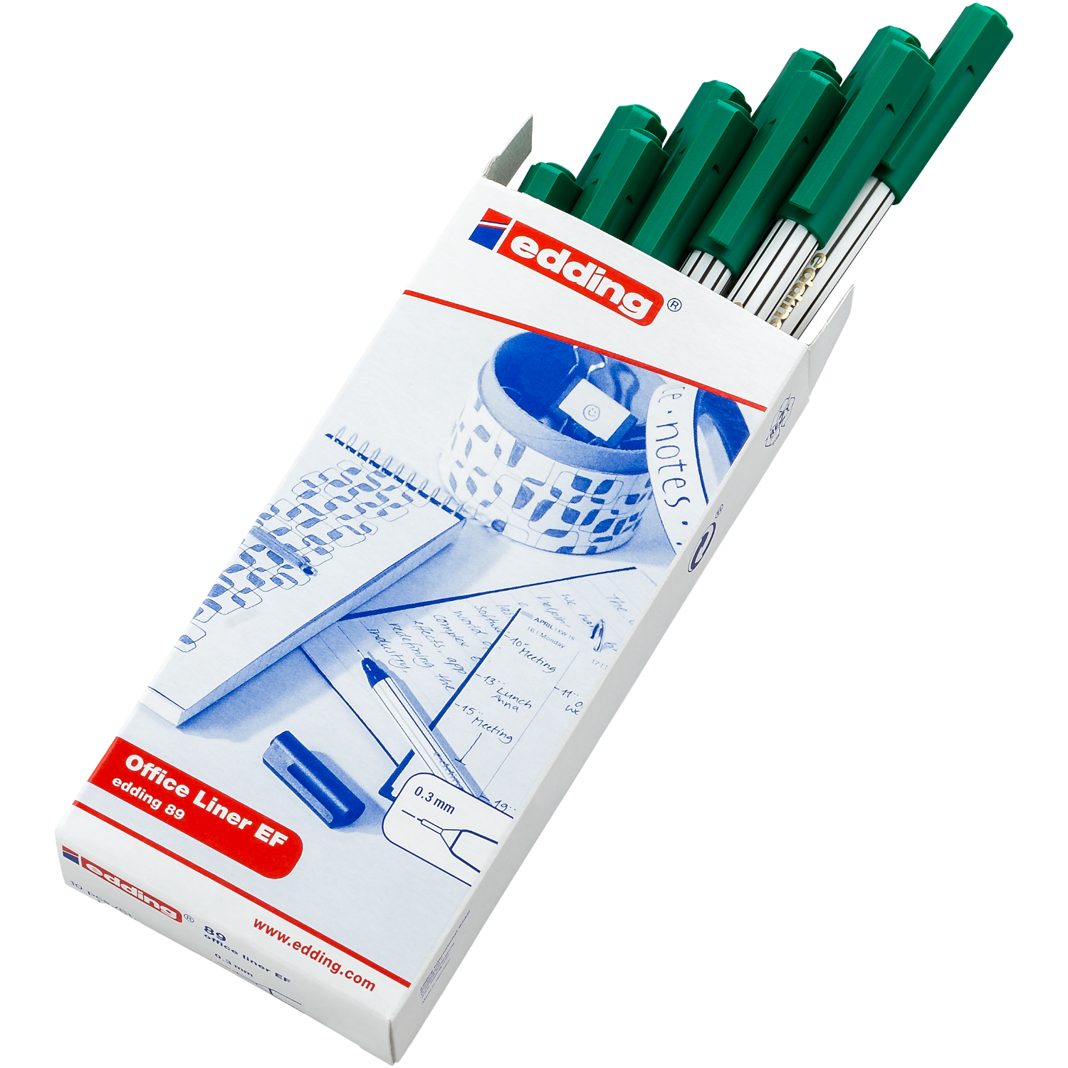 89 office liner EF 0,3mm in grüner Farbe von edding, präsentiert in einer offenen Verpackung. Ideal für präzises Schreiben im Büro.