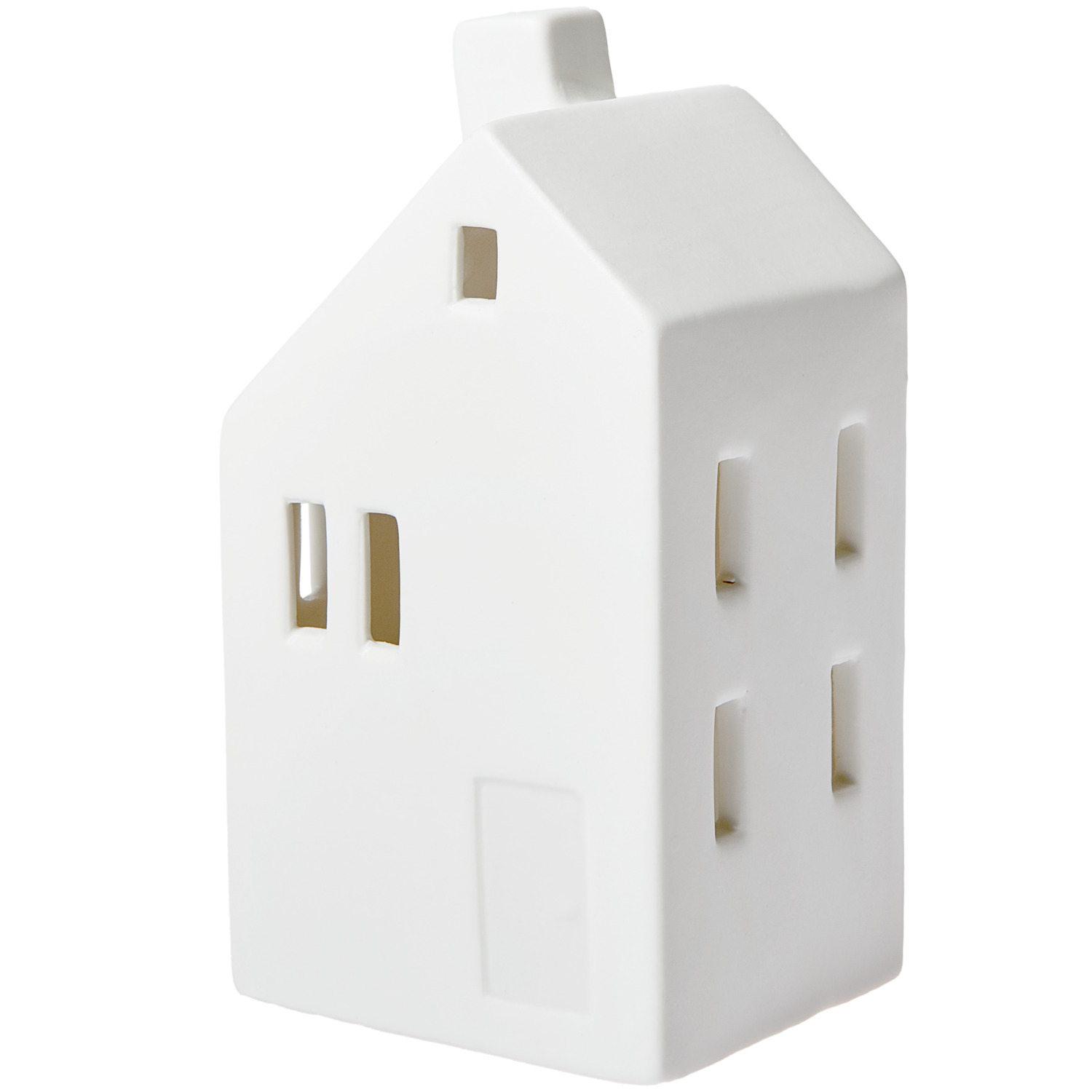 Porzellanhaus Weiß mit Schrägdach und LED, von Rico Design, zeigt ein minimalistisches Design mit Fenstern und Tür. Ideal als dekorative Beleuchtung.