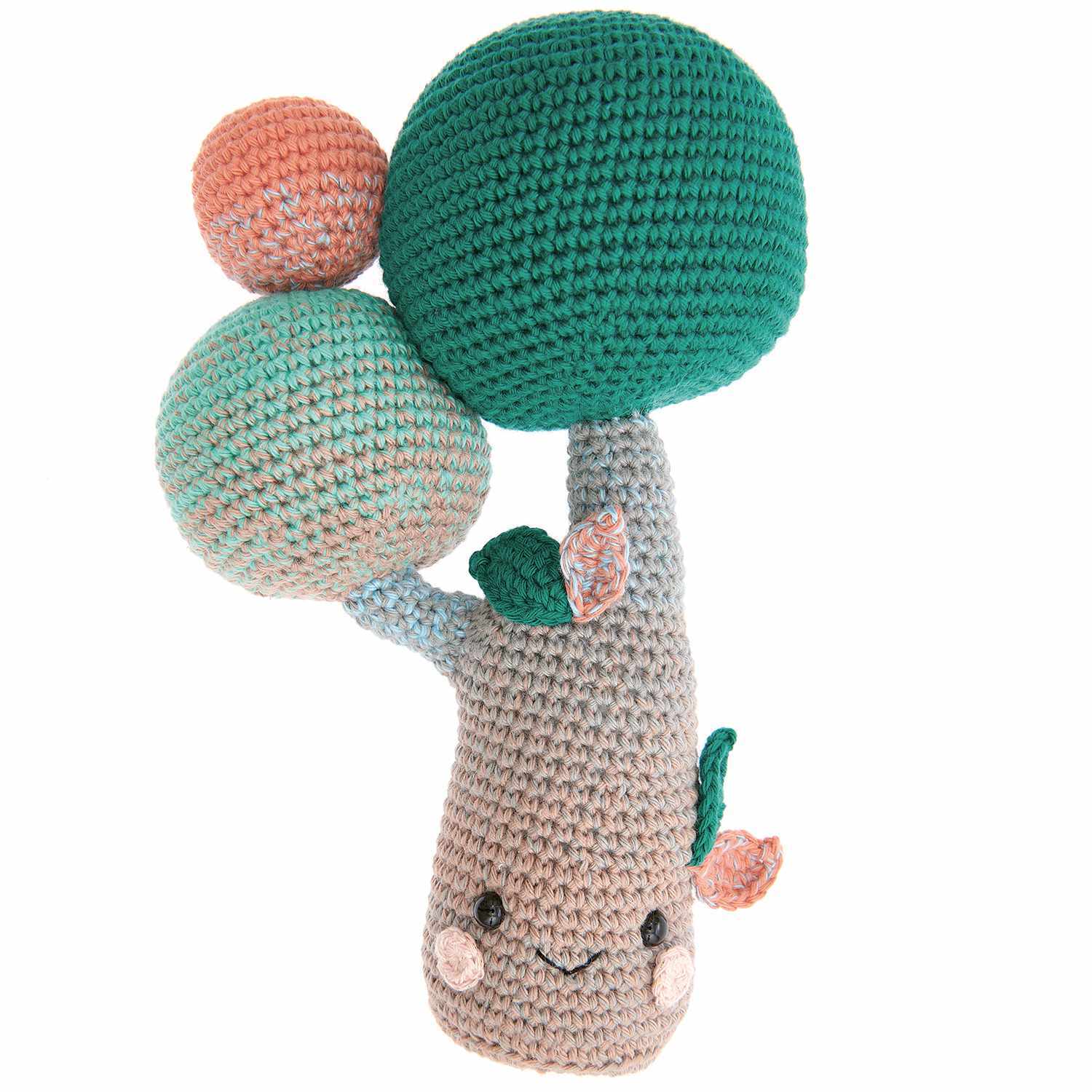 Häkelset Tree-Head aus Ricorumi Element Heads: Ein gehäkelter Baum mit bunten Kugeln und freundlichem Gesicht. Ideal für kreative Handarbeitsprojekte.