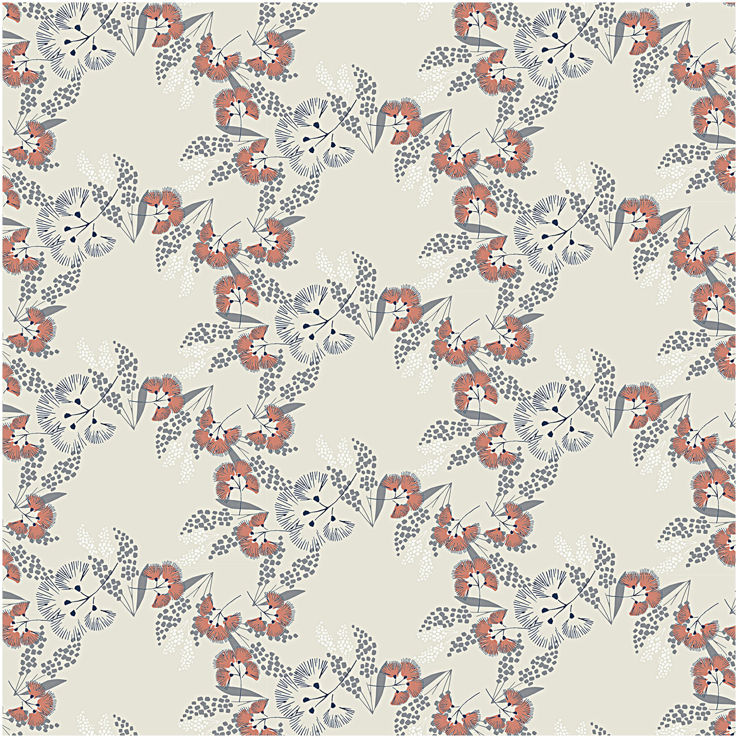 Musselin-Druckstoff Jardin Japonais Blumen Grau 140cm: Florales Muster mit roten und grauen Blüten auf hellem Hintergrund. Ideal für kreative Nähprojekte.
