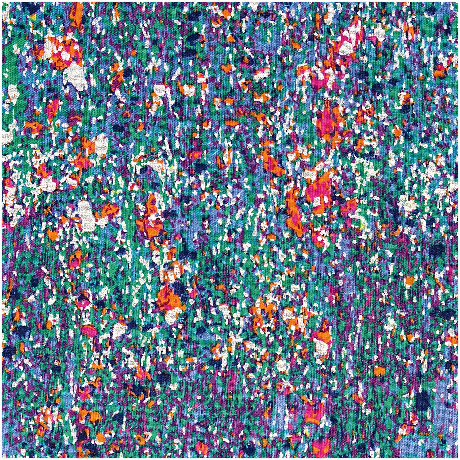 Musselin-Druckstoff Aloha Pixel Hot Foil 140cm von Rico Design zeigt ein lebendiges, mehrfarbiges Muster mit intensiven Farbtupfern in Blau, Grün und Rot.