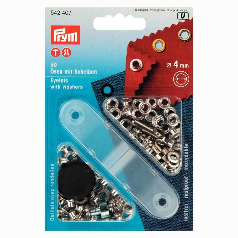 Ösen mit Scheiben silber 4mm 50 Stück von Prym, verpackt in einer blauen Box, ideal für Handwerksprojekte.