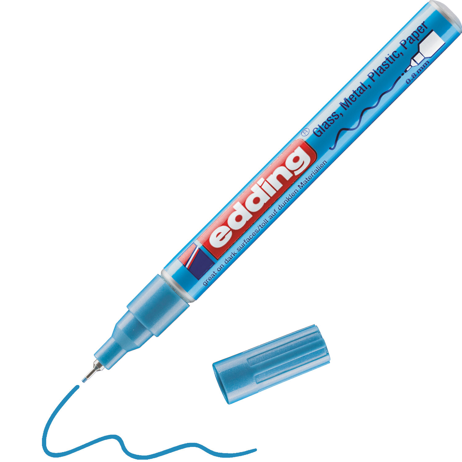 780 Glanzlackmarker von edding in Hellblau Metallic, ideal für Glas, Metall und Plastik.