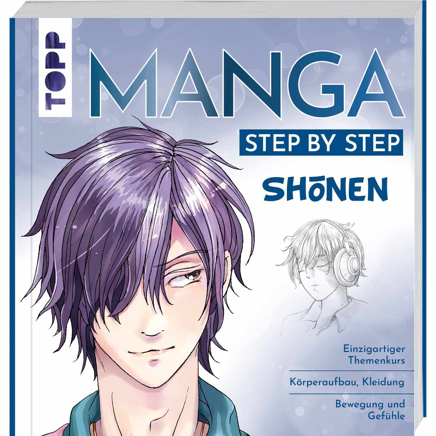 Manga Step by Step Shonen: Ein Buch von TOPP mit Anleitung zum Zeichnen von Shonen-Manga, zeigt einen Charakter mit lila Haaren.