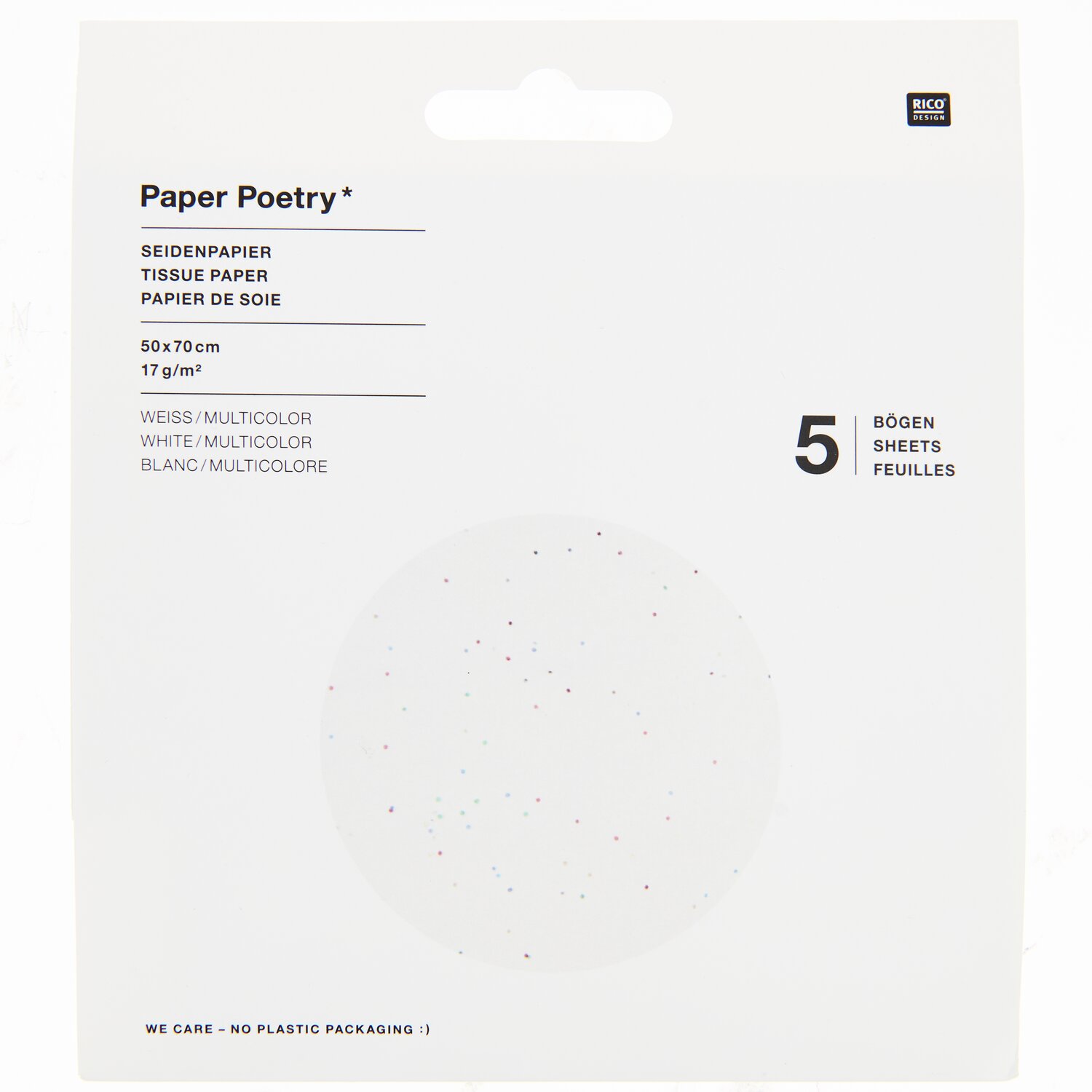 Paper Poetry Seidenpapier Punkte, 50x70cm, 5 Bogen, weiß mit bunten Punkten, von Rico Design.