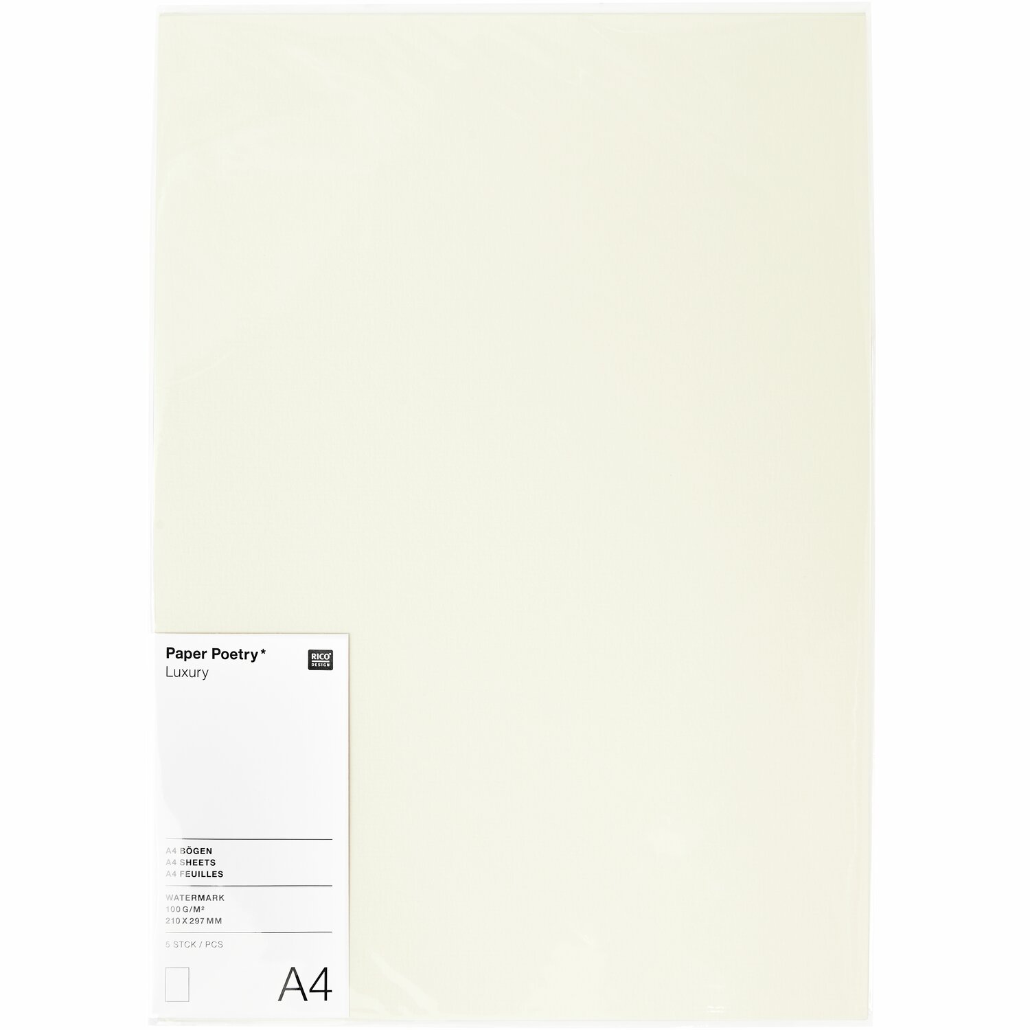 Paper Poetry Luxury Bögen A4, 5 cremefarbene Blätter von Rico Design, ideal für kreative Projekte.