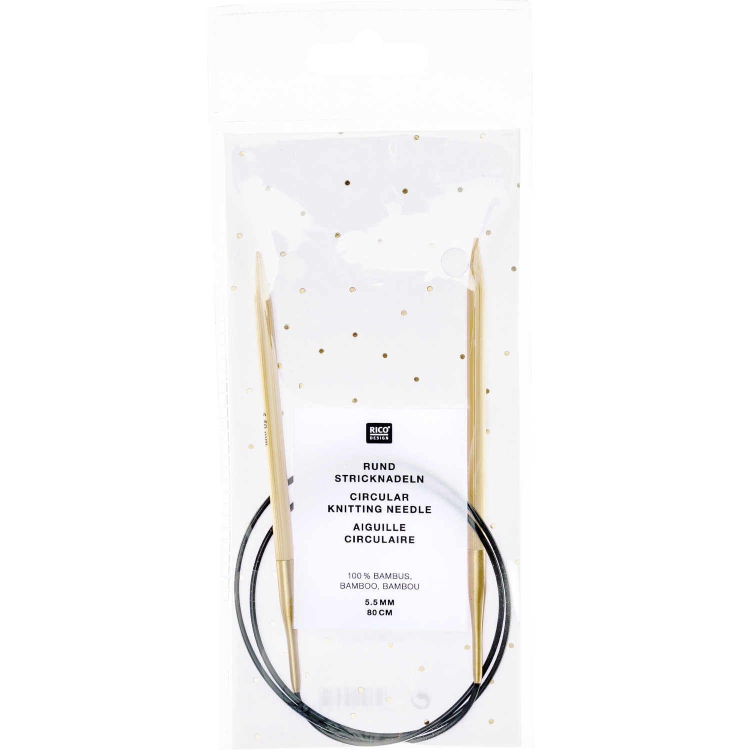 Rundstricknadel 80cm Bambus von Rico Design, in Verpackung mit goldenen Nadeln und schwarzem Kabel. Ideal für Strickprojekte.