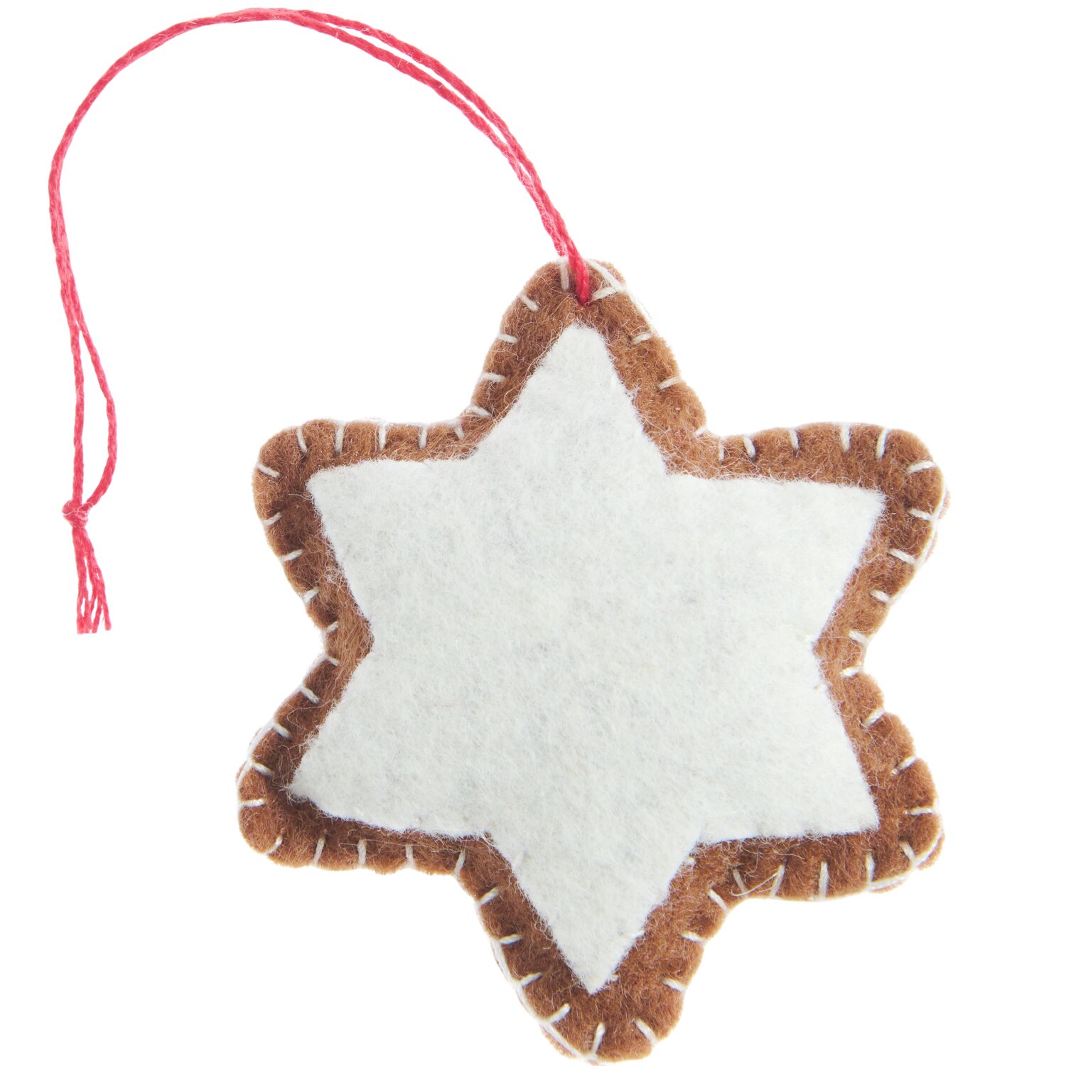 Aufhänger Filz-Gebäck Zimtstern Braun/Weiß, dekorativer Stern aus Filz mit rotem Faden, ideal für festliche Dekorationen.