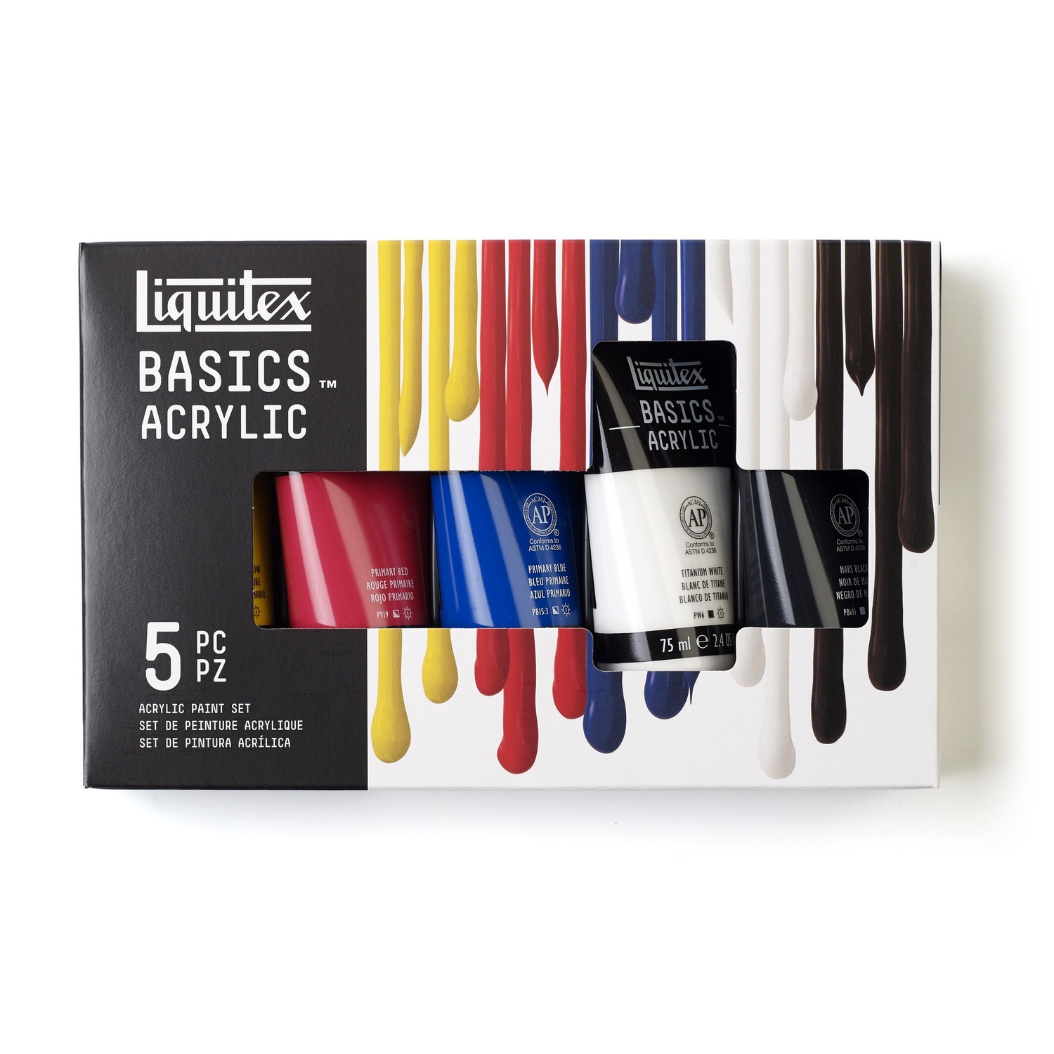 Basics Acrylfarben Set 5x75ml zeigt fünf bunte Acrylfarben von Liquitex in einer dekorativen Verpackung.