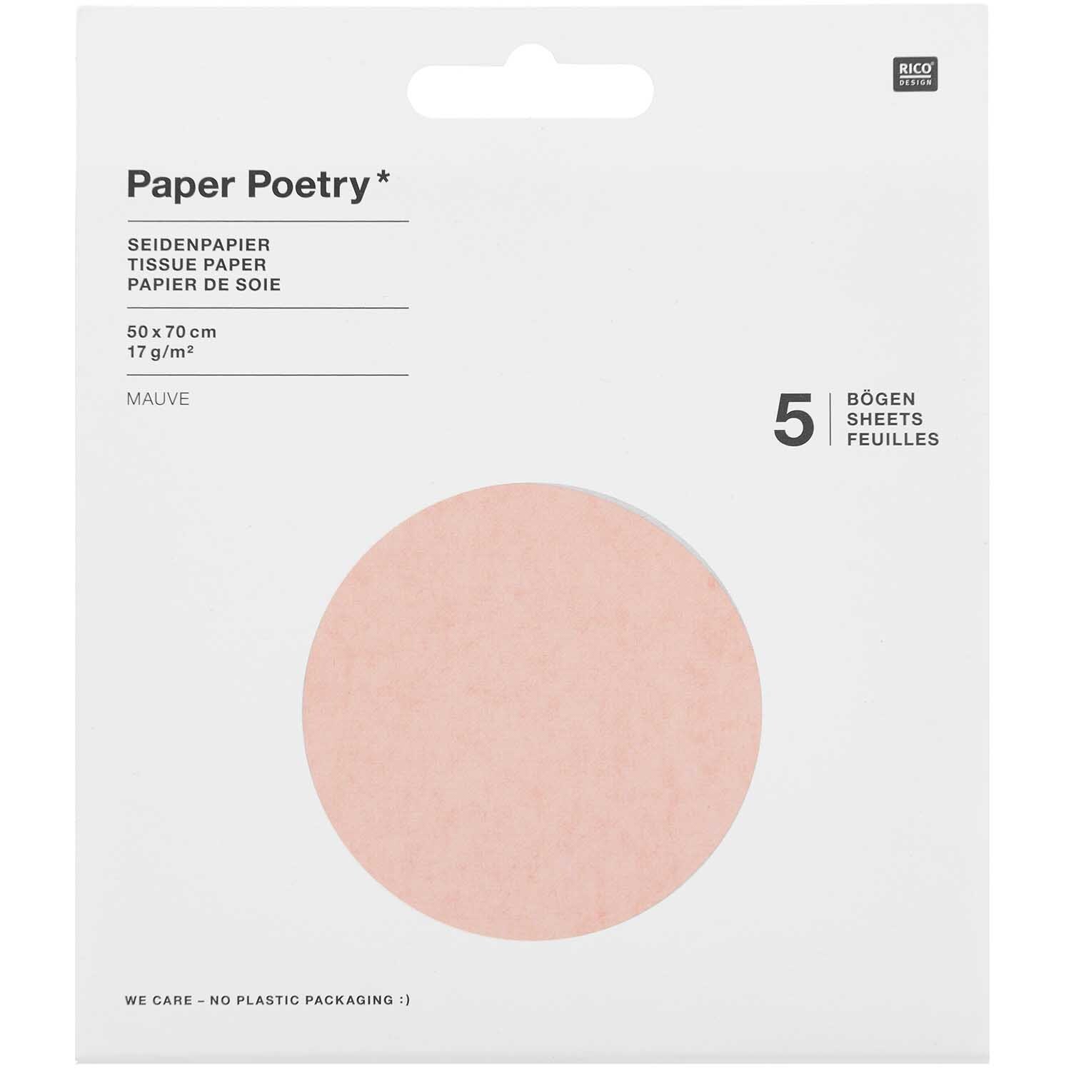 Paper Poetry Seidenpapier in Mauve, 50x70cm, 17g/m², 5 Bögen von Rico Design, in Verpackung.