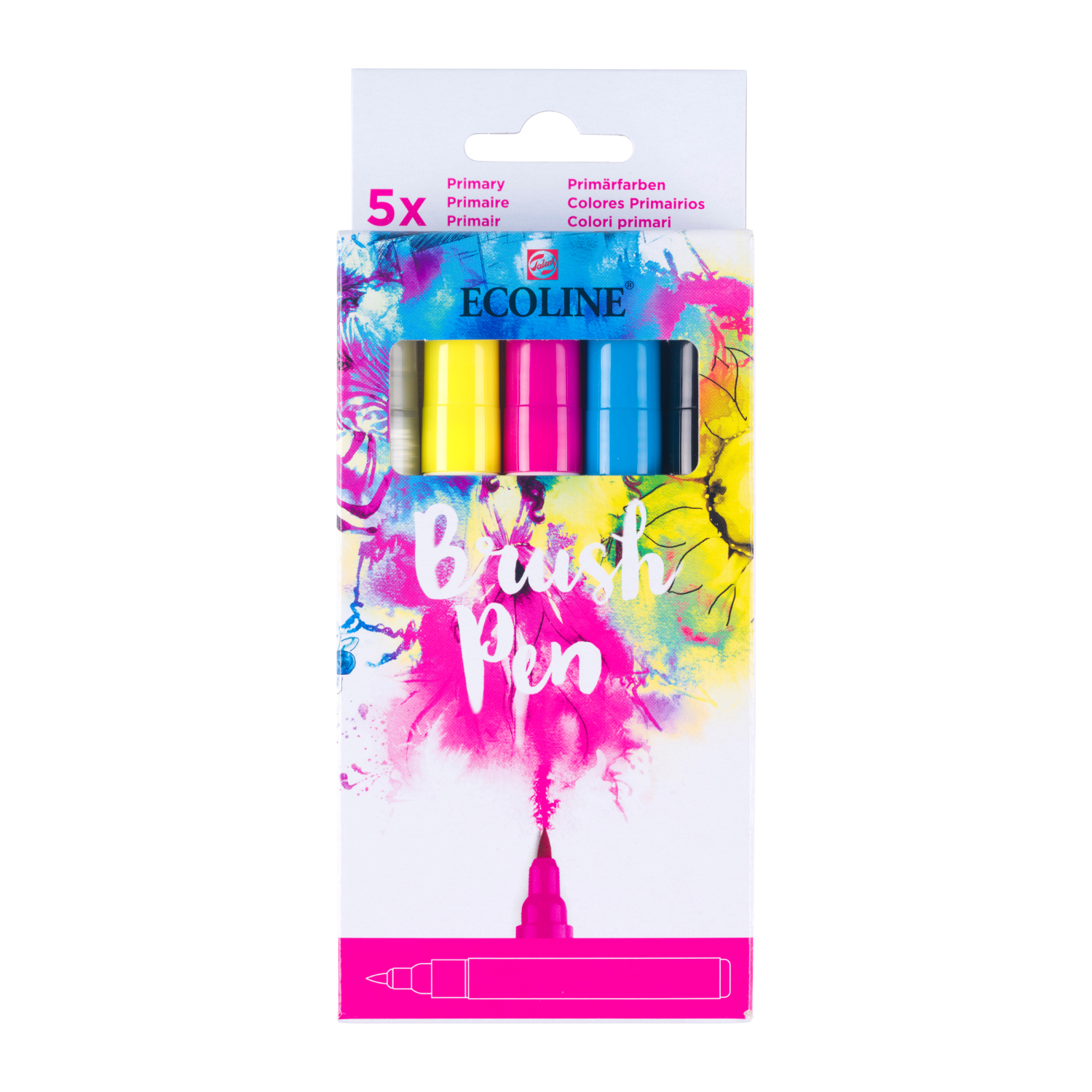 Ecoline Brush Pen Set Primärfarben mit fünf leuchtenden Stiften in einer bunten Verpackung.