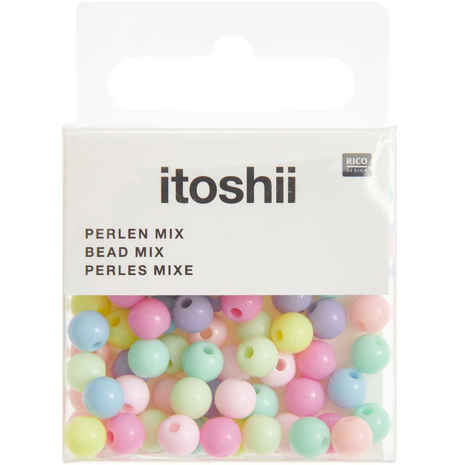 Itoshii Kunststoffperlen Mix in Pastellfarben, 80 Stück, von Rico Design in einer transparenten Verpackung.
