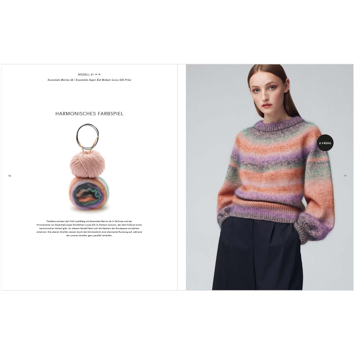 Top Down Knitting Special: Frau trägt gestreiften Pullover in Pastelltönen, harmonisches Farbspiel von Rico Design.