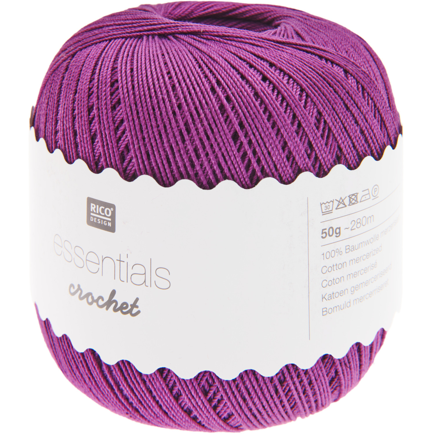 Essentials Crochet: Lila Garn von Rico Design, 50g Knäuel mit 280m Länge, ideal zum Häkeln.