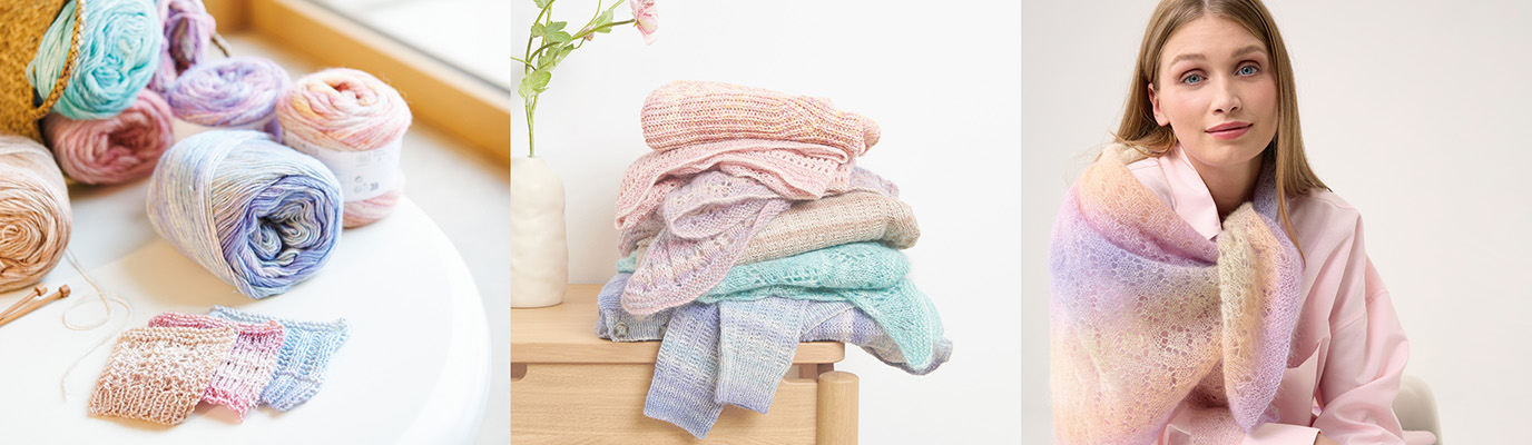 Drei Bilder nebeneinander. Verschiedene Garne mit Strickstück, gestrickte Pullover und Halstücher aufeinandergelegt und eine Frau mit einem bunten gestrickten Halstuch.
