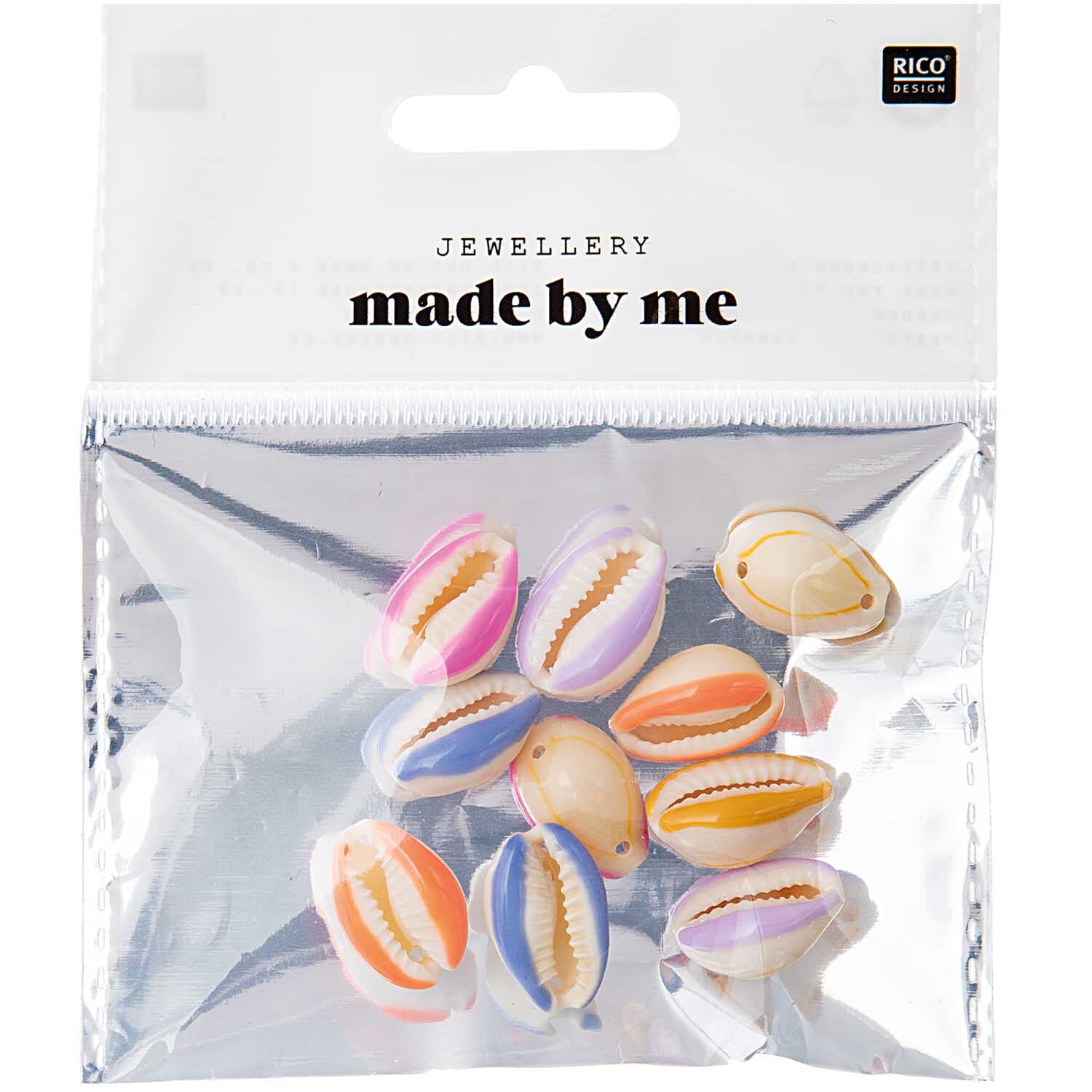 Muscheln mit Bohrung 10 Stück in einer transparenten Verpackung von Rico Design, ideal für Schmuckherstellung.