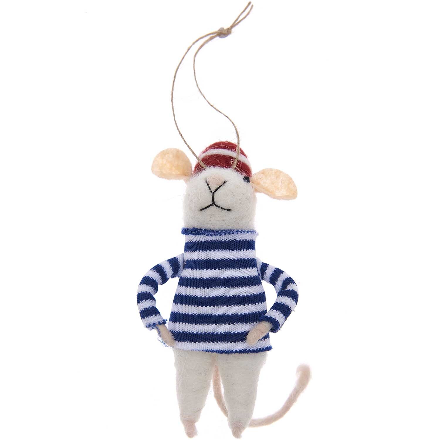 Filzhänger Maus Matrose 10cm: Niedliche Filzmaus im Matrosen-Outfit mit blau-weißem Streifenpullover und roter Mütze. Ideal als Dekoration.