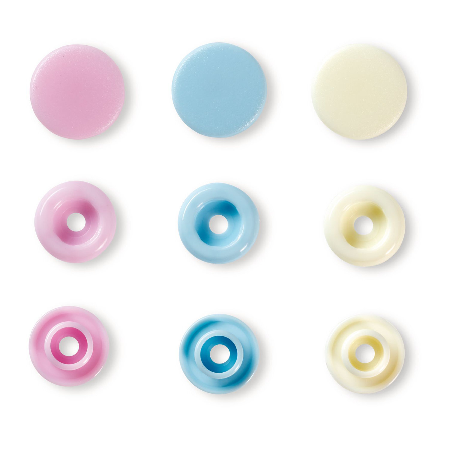 Druckknöpfe Color pastell: Neun bunte Druckknöpfe in Pastelltönen, Ø12,4mm, 30 Stück von Prym.