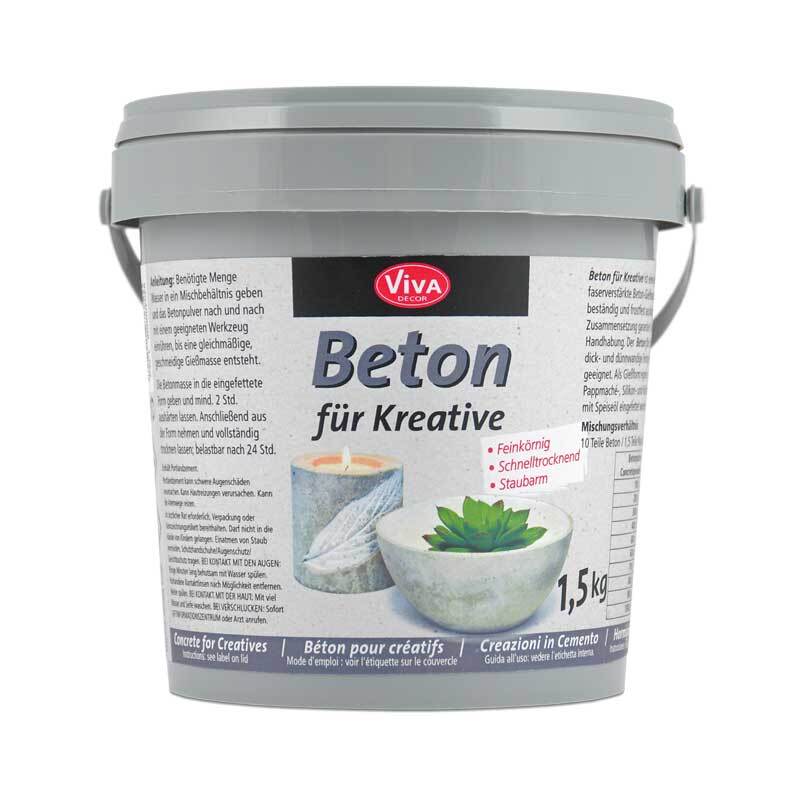 Gießbeton Eimer 1500g von Viva Decor, grauer Eimer mit kreativen Betonideen und Produktdetails.