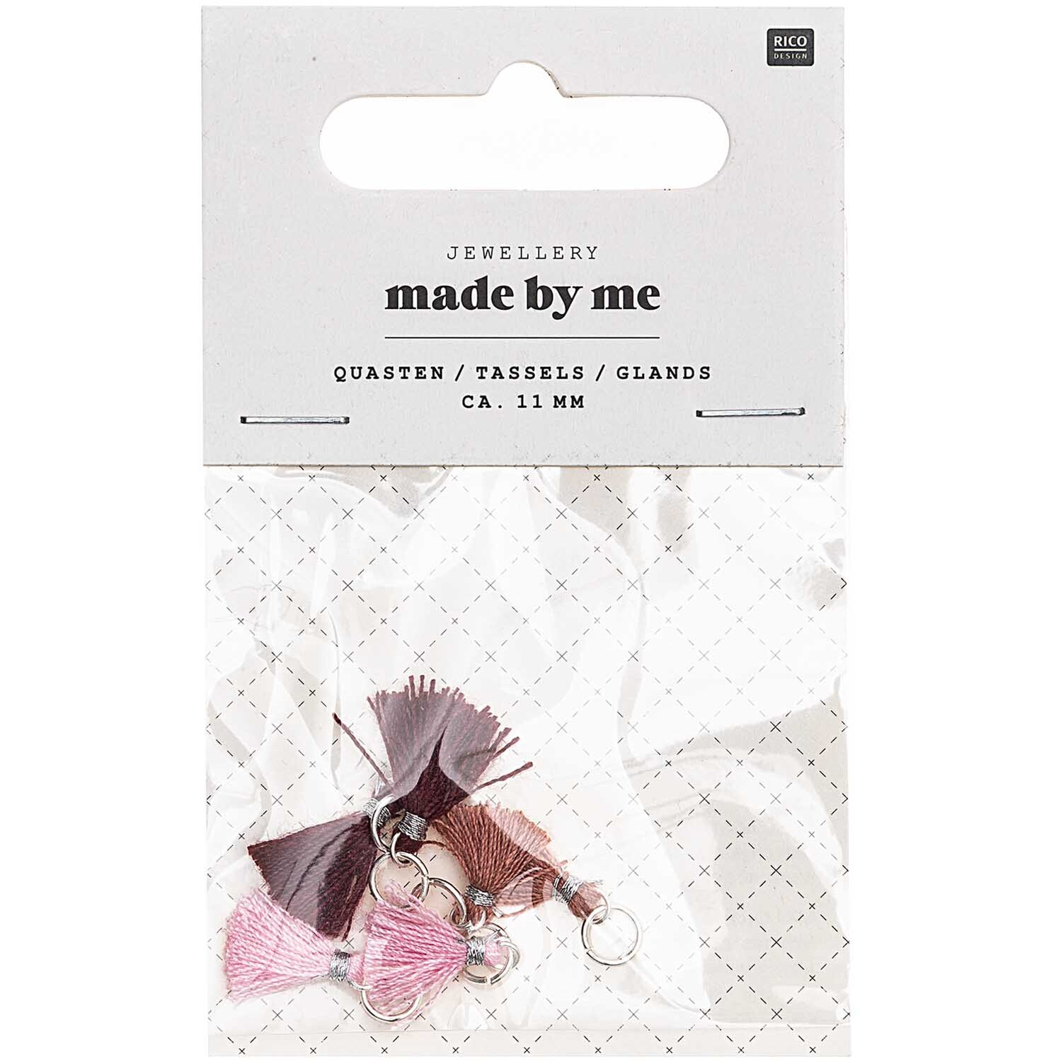 Mini-Quasten mit Öse 1,1cm 6 Stück von Rico Design in einer transparenten Verpackung, ideal für Schmuckherstellung.
