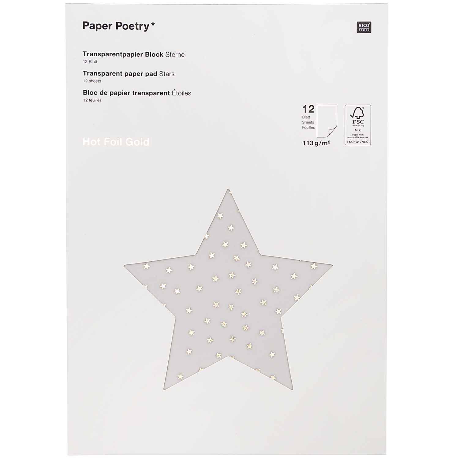 Paper Poetry Transparentpapierblock zeigt goldene Sterne auf weißem Hintergrund, ideal für kreative Projekte.
