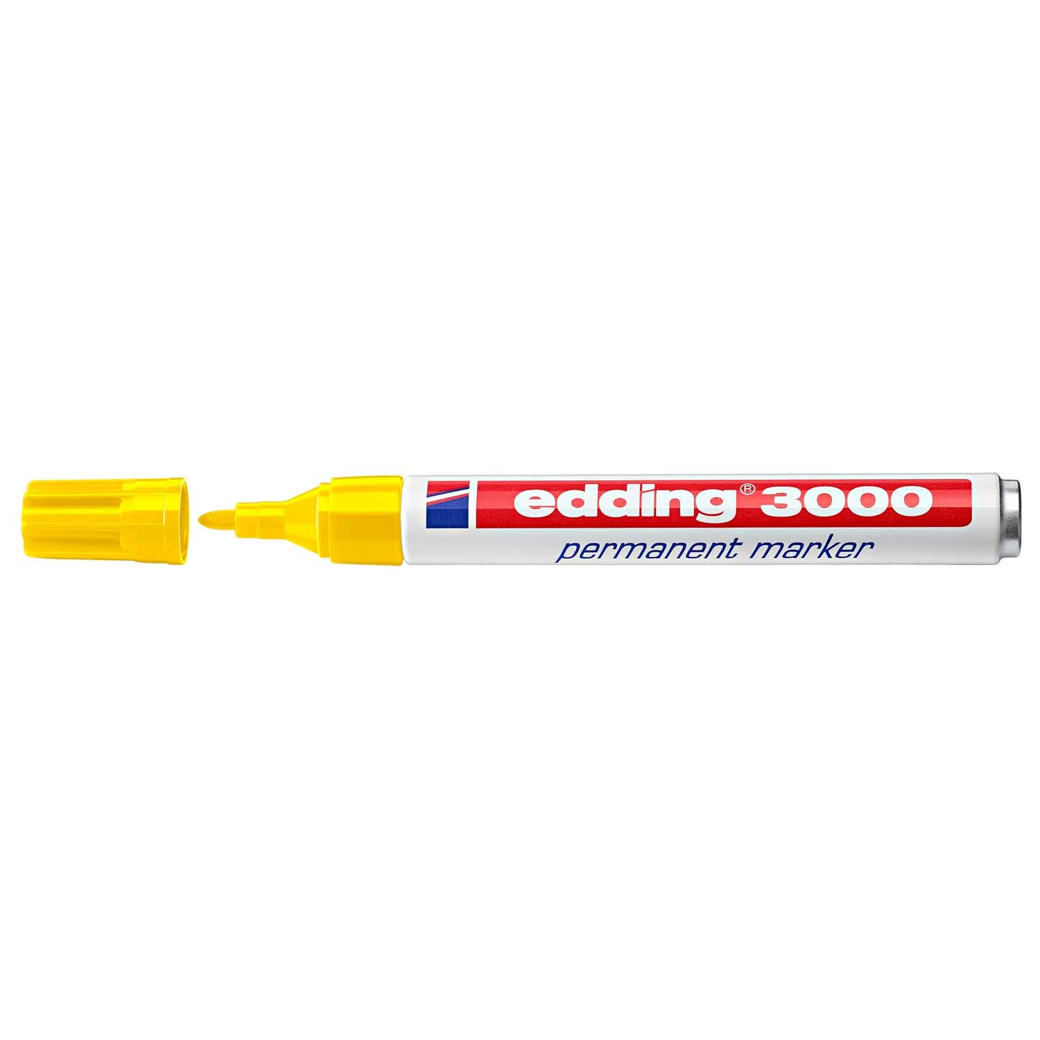 3000 Permanentmarker 1,5-3mm von edding in Gelb, mit abgenommenem Deckel, auf weißem Hintergrund.