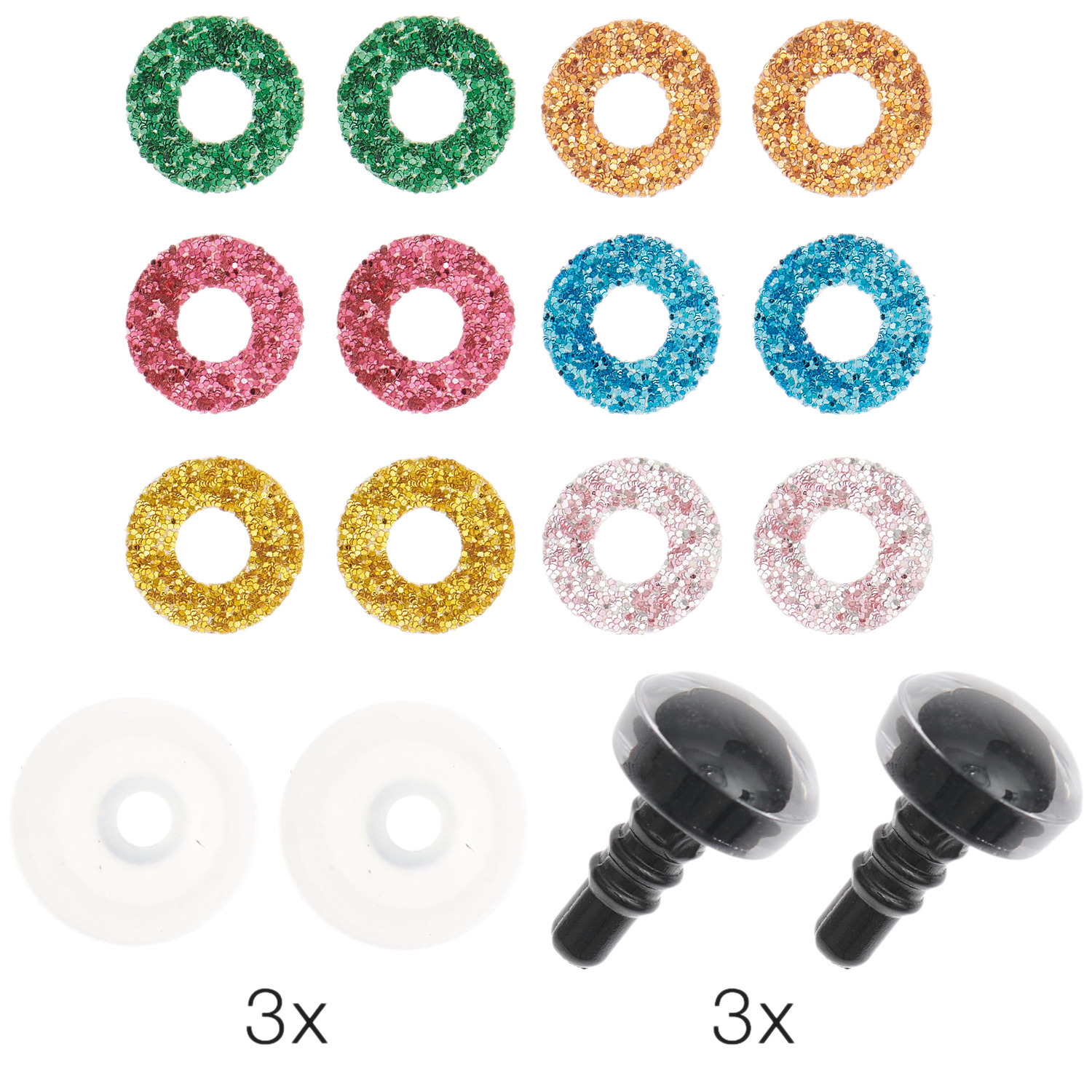 Sicherheitsaugen-Set für Kuscheltiere 6 Farben: Glitzernde Ringe in Grün, Gold, Rosa, Blau und Schwarz, 3 Paar 9mm, ideal für DIY-Projekte.