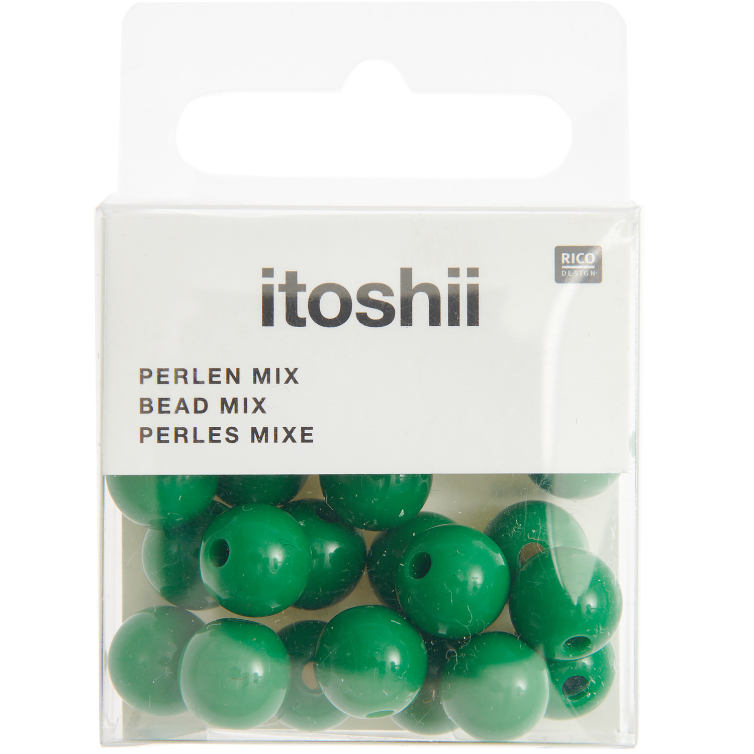 Itoshii Kunststoffperlen 10mm, 24 Stück in einer Packung. Dunkelgrüne Perlen von Rico Design.