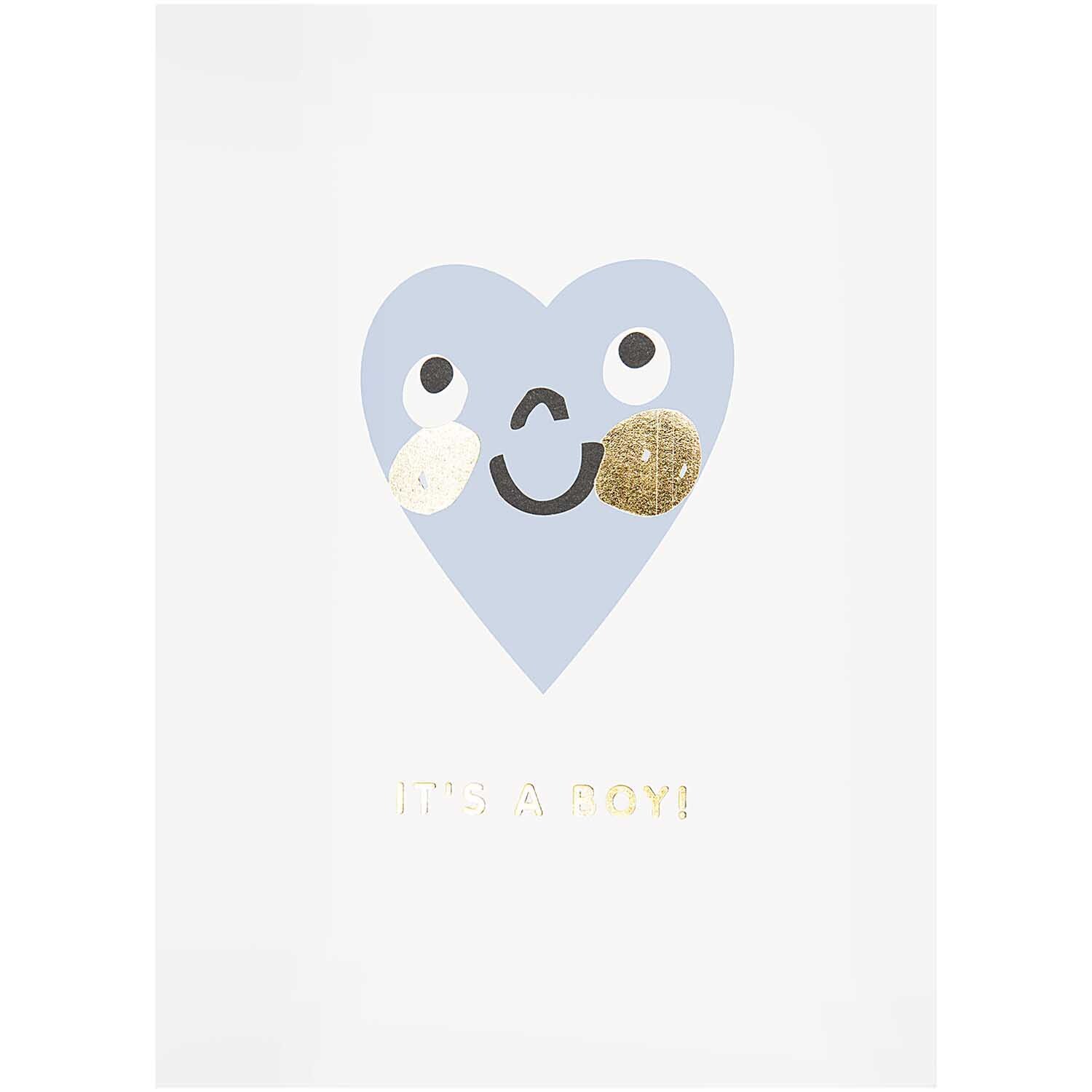 Paper Poetry Postkartenblock Hello Baby mit 15 Karten von Rico Design. Herz mit Gesicht und "It's a Boy!" in Gold auf weißem Hintergrund.