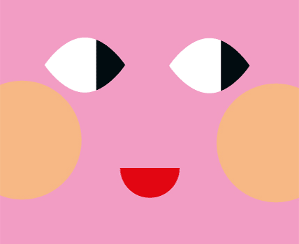 Gemaltes Gesicht, mit schwarz-weißen Augen, rotem Mund und großen runden orangenen Wangen, auf einem pinken Hintergrund.