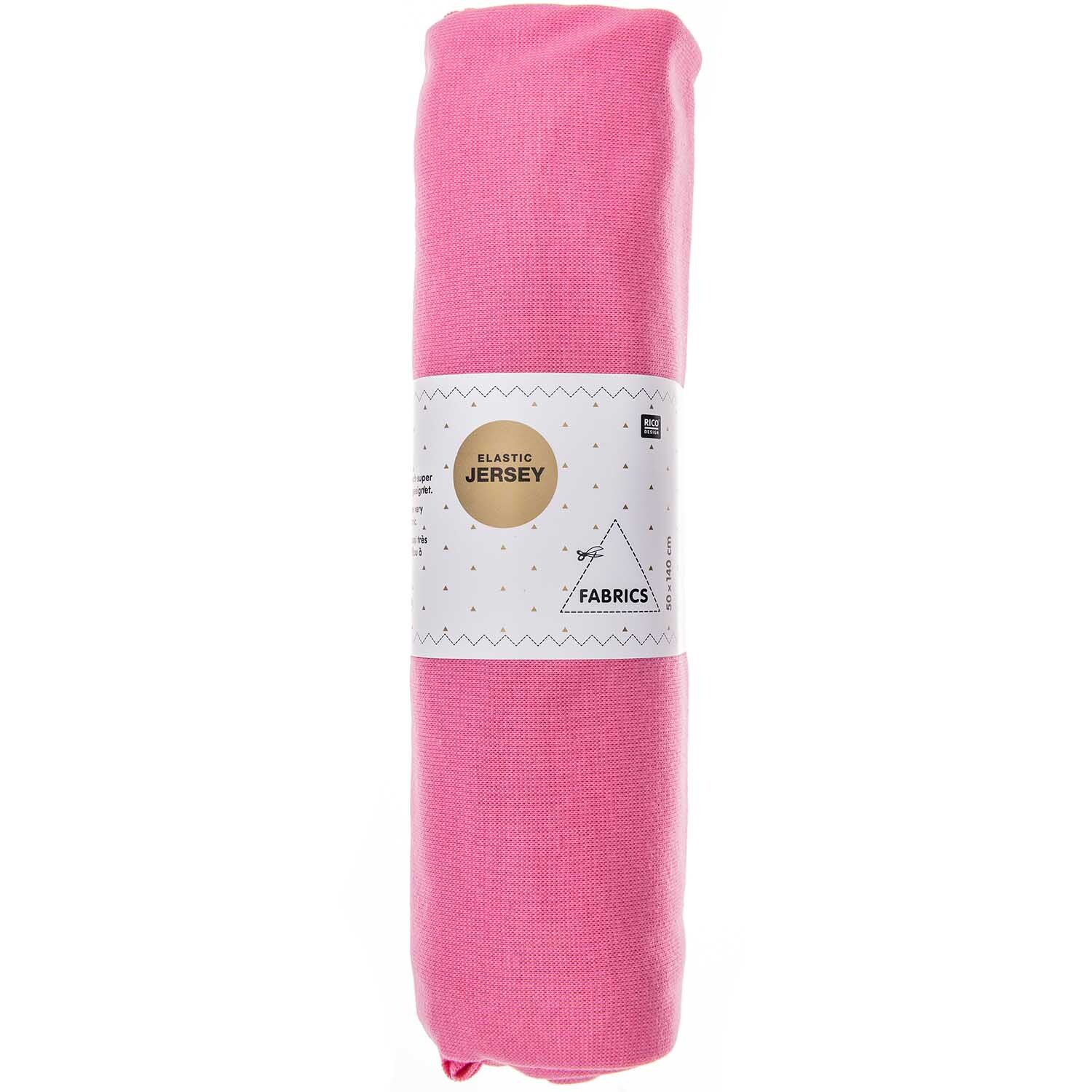 Stoff Jersey elastic 50x140cm in leuchtendem Pink, von Rico Design, aufgerollt und etikettiert.