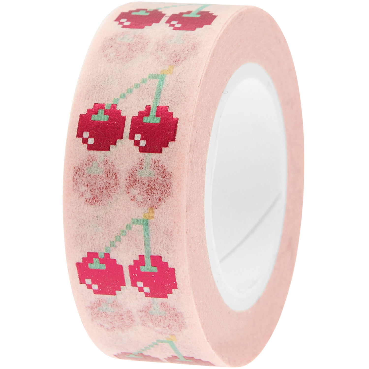 Paper Poetry Tape Futschikato Kirschen von Rico Design mit Kirschmuster auf rosa Hintergrund, 1,5cm x 10m.