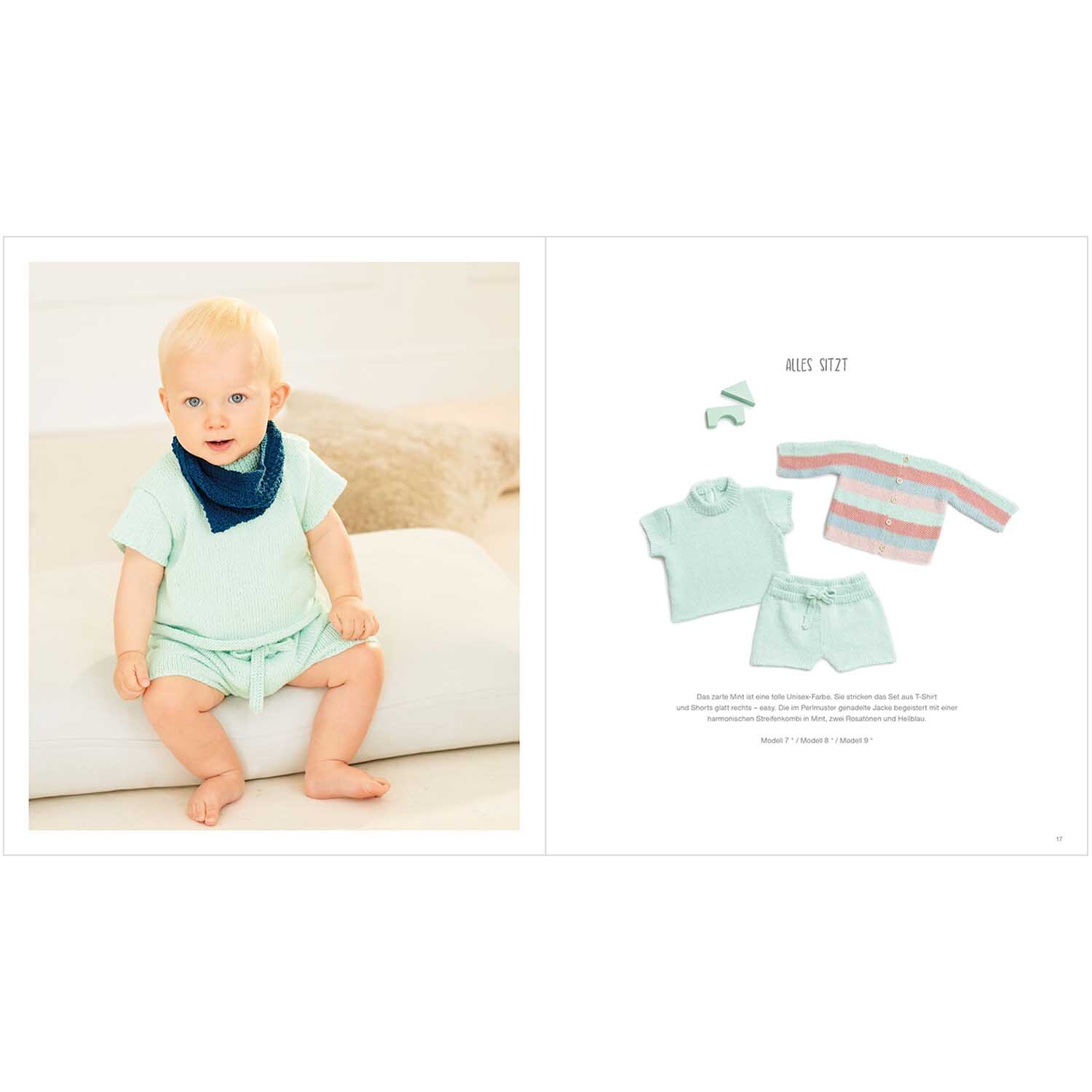 Rico Baby Heft Nr.37 zeigt ein Baby in einem mintgrünen Outfit mit passendem Halstuch.