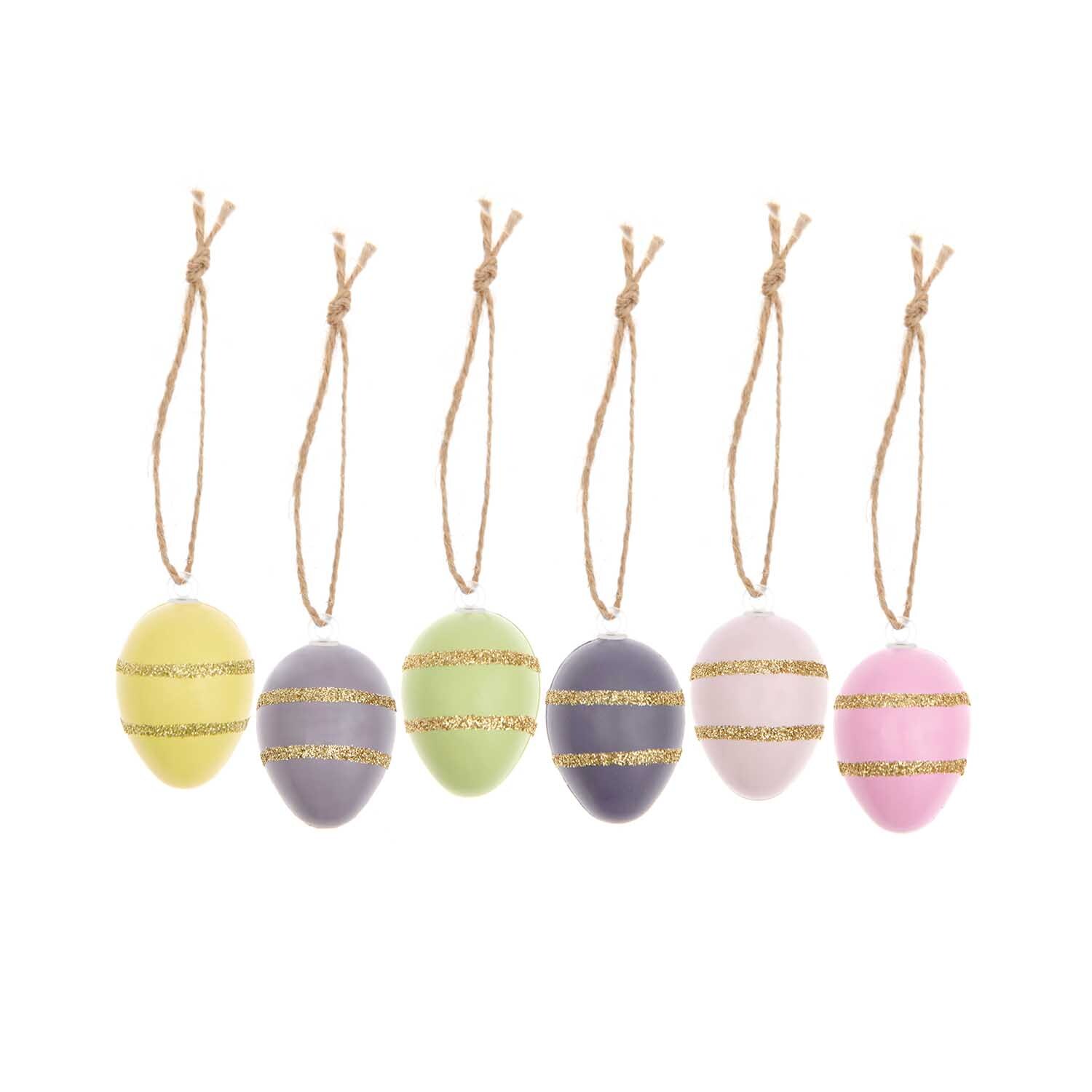 Deko-Eier Set Goldstreifen: Sechs bunte Eier mit goldenen Streifen, ideal für Osterdekoration.