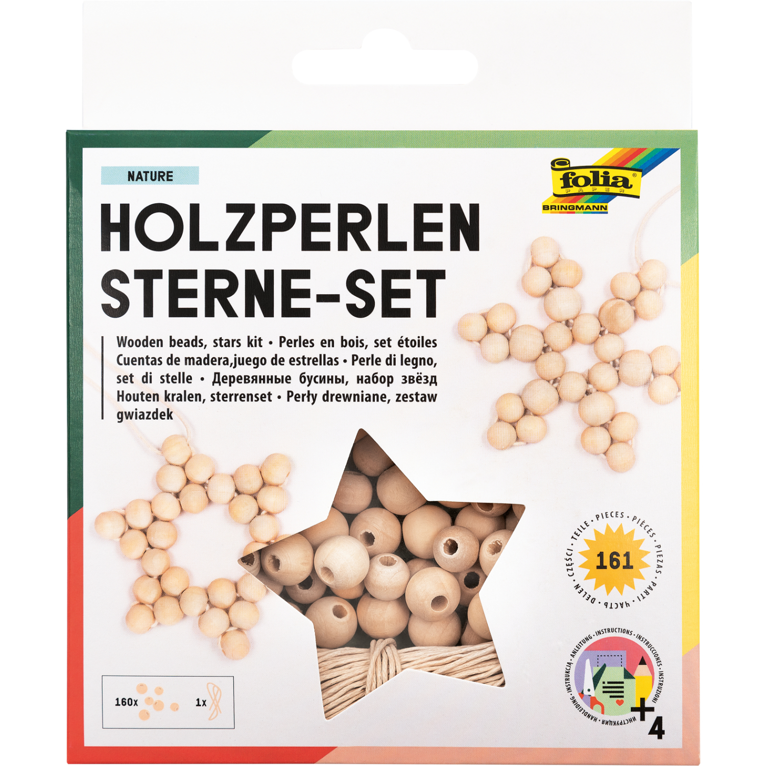 Holzperlen Stern-Set natur, 161-teilig, von folia. Enthält natürliche Holzperlen zur kreativen Gestaltung von Sternen. Ideal für Bastelprojekte.