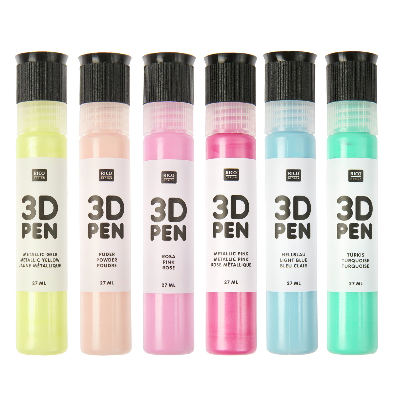3D Pen Pastel Set, 6x27ml von Rico Design, sechs 3D-Stifte in Pastellfarben für kreative, plastische Mal- und Deko-Projekte auf verschiedenen Oberflächen