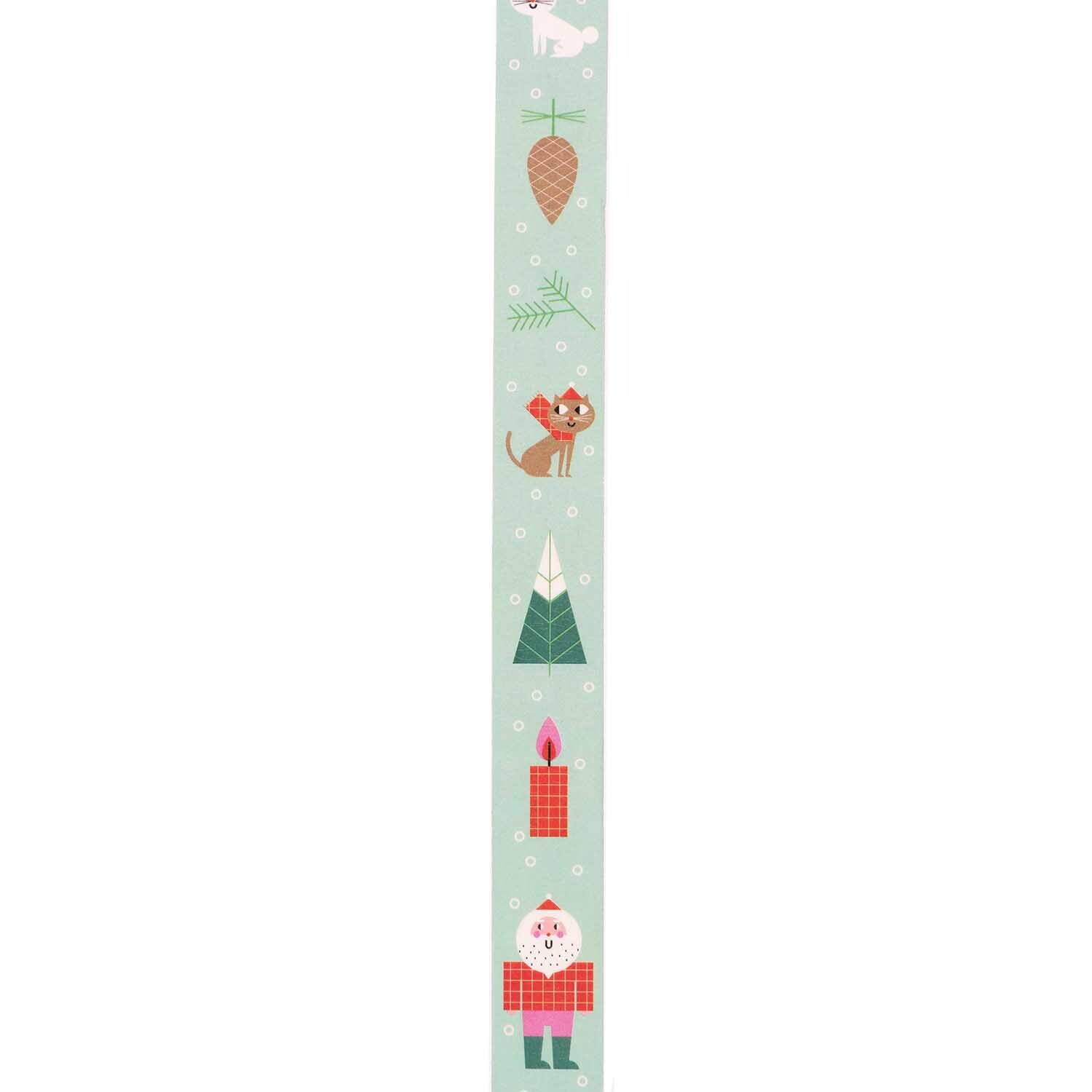 Paper Poetry Tape Weihnachtsfiguren zeigt festliche Motive wie Tannenbäume und Kerzen auf mintfarbenem Hintergrund.