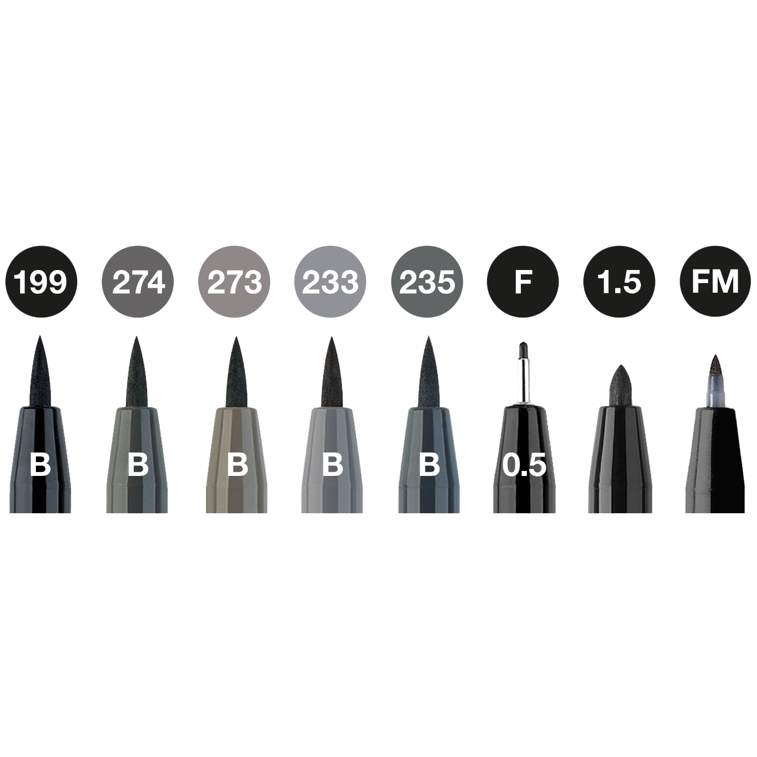 Pitt Artist Pen Tuschestift Set, 8-teilig, von Faber Castell, zeigt verschiedene Stiftspitzen und Grautöne. Ideal für Künstler und Designer.