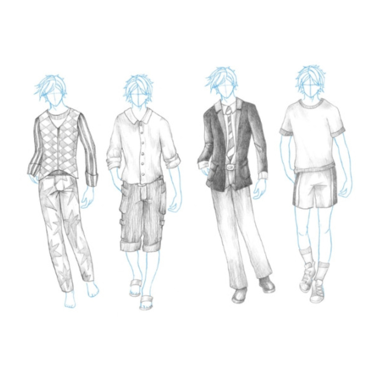 Manga Step by Step Shonen: Vier gezeichnete Figuren in unterschiedlichen Outfits, von lässig bis formell.